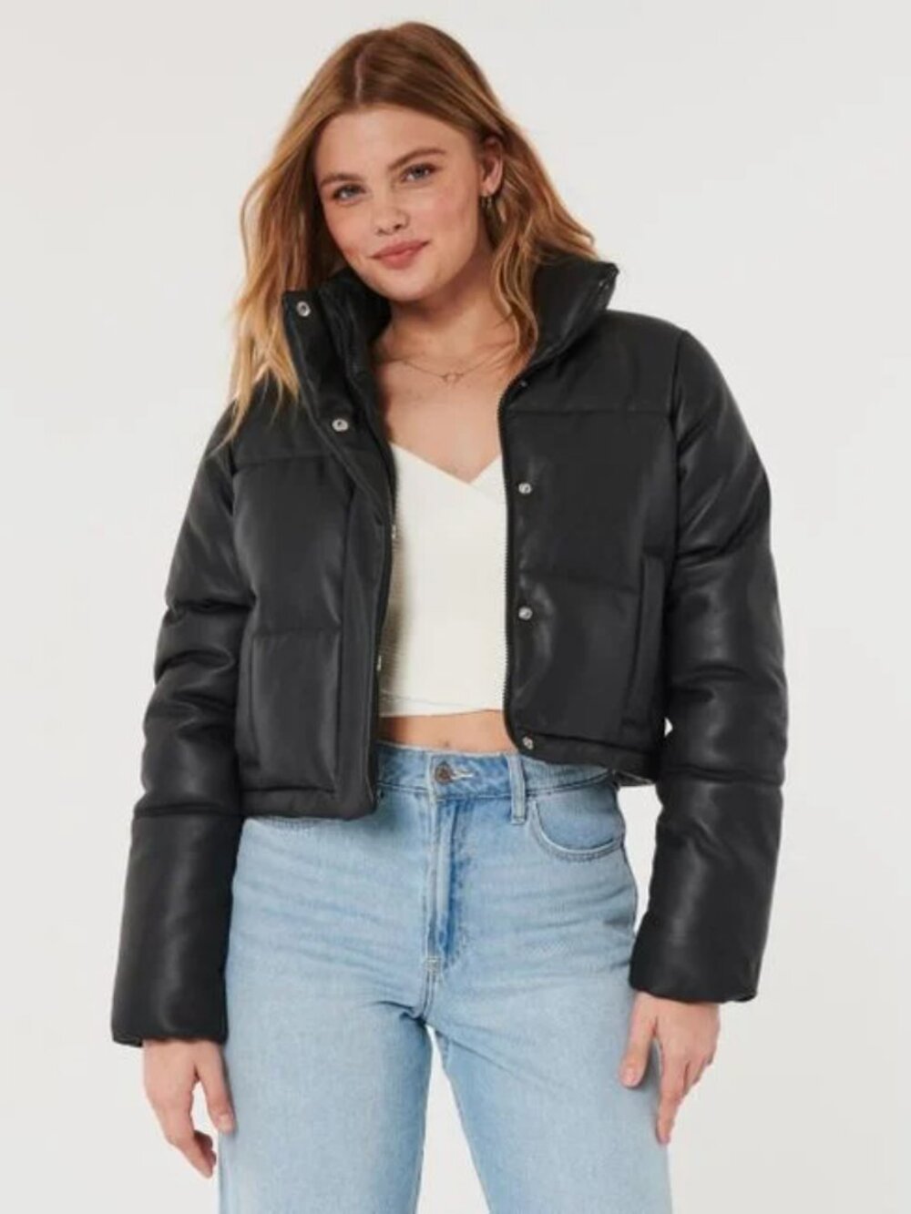HOLLISTER Faux Leather Cropped Puffer Jacket Zip & Snap Front Black Women's M
